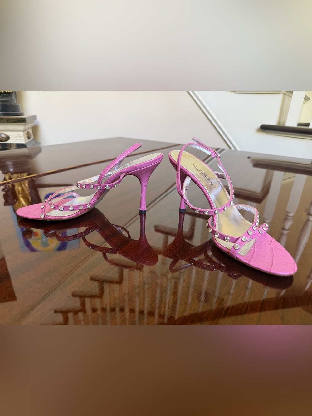Dolce & Gabbana Pink Crystal-Studded Slingback Heels Movk Croc Leather